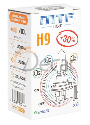 Лампа галогенная H9 (PGJ19-5), 12V, 65W, Standard +30%, MTF Light, HS1209