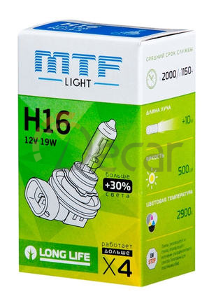 Лампа галогенная H16, 12V, 19W, Standard+30%, MTF Light, HS1216