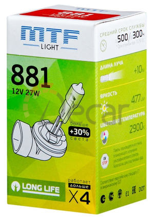 Лампа галогенная H27 (881), 12V,  27W, Standard +30%, MTF Light, HS1281
