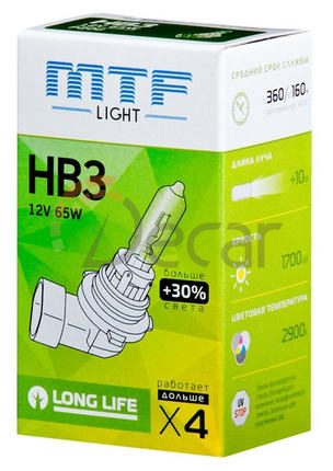 Лампа галогенная HB3 (9005), 12V, 65W, Standard +30%, MTF Light, HS12B3