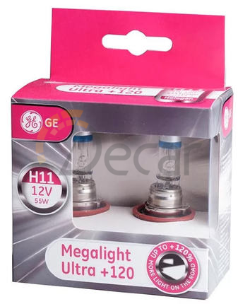 Лампы галогенные H11 (PX26d), 12V, 55W, 3700 K, Megalight Ultra +120%, General Electric, 53110SNU