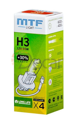 Лампа галогенная H3, 12V, 55W, Standard +30%, MTF Light,  HS1203