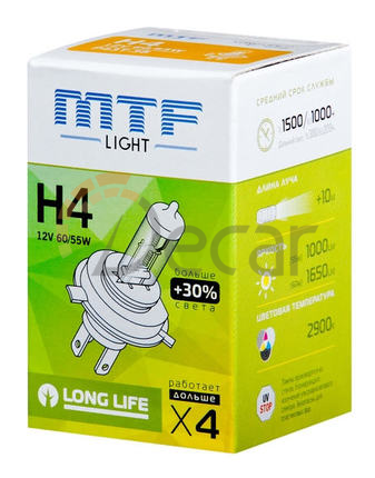 Лампа галогенная H4, 12V, 60/55W, Standard +30%, MTF Light, HS1204