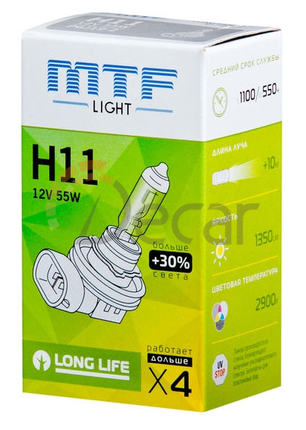 Лампа галогенная H11 (PGJ19-2), 12V, 55W, Standard +30%, MTF Light, HS1211