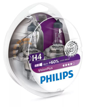 Лампы галогенные H4 (P43t), 12V, 60/55W, 3250K, Vision Plus +60%, Philips, 12342VPS2