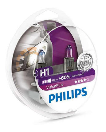 Лампы галогенные H1 (P14,5s), 12V, 55W, 3250K, Vision Plus +60%, Philips, 12258VPS2