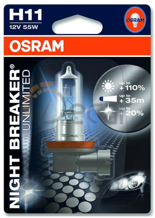 Лампа галогенная H11 (PGJ19-2), 12V, 55W, Night Breaker Unlimited+110%, Osram, 64211NBU-01B