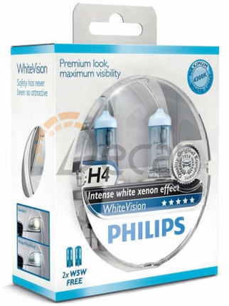 Комплект галогенных ламп H4 (P43t), 12V, 60/55W, 4300K, WHITE VISION + W5W white, PHILIPS, 12342WHVSM